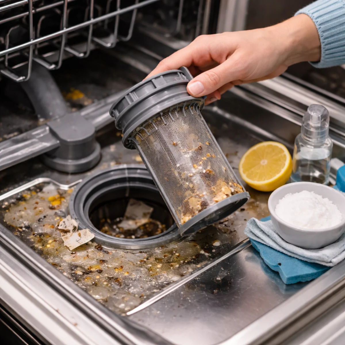 Czyszczenie filtra zmywarki szczoteczką w otwartej zmywarce – sposób, gdy zmywarka nie domywa