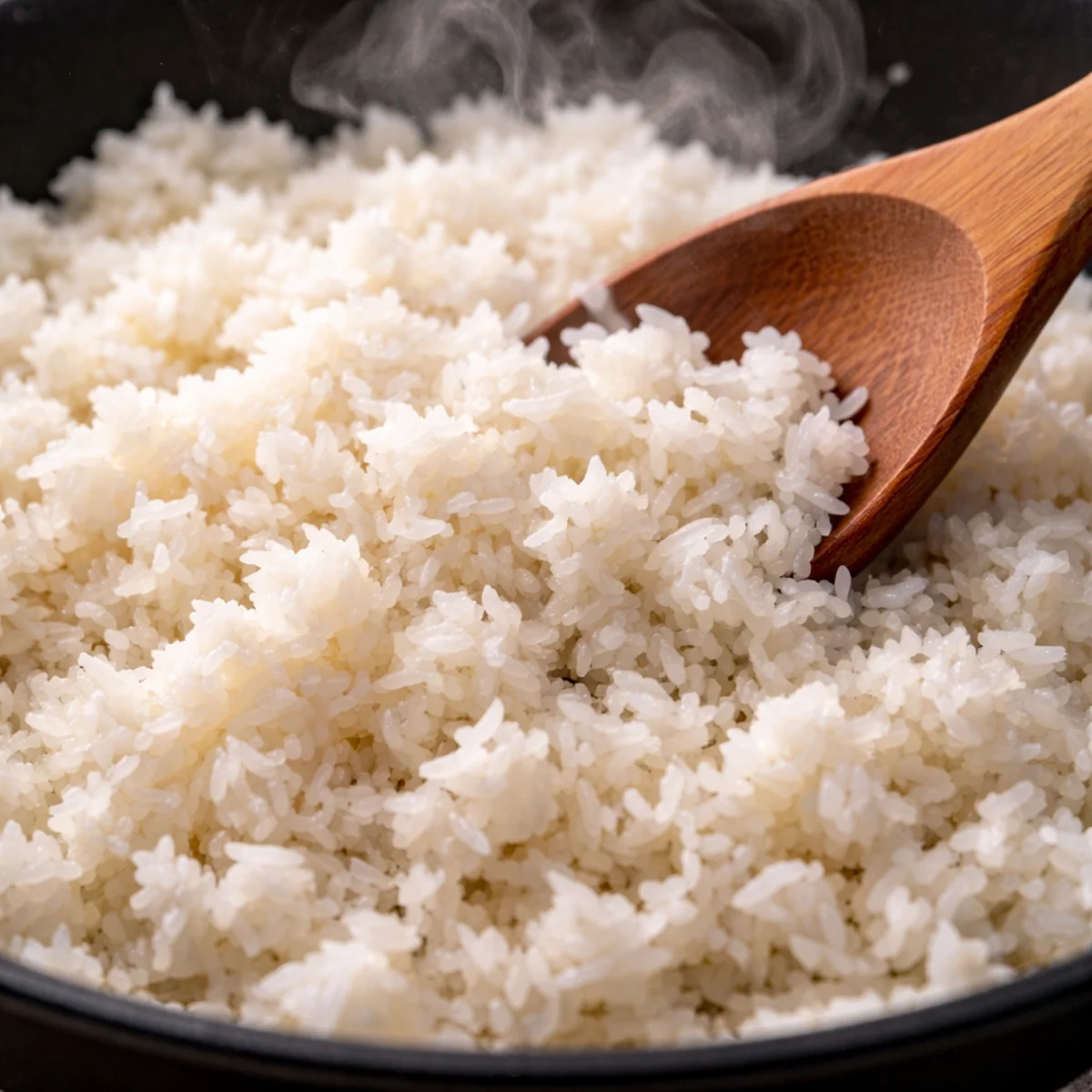 Odgrzewany ryż w patelni – zbliżenie ziaren i para