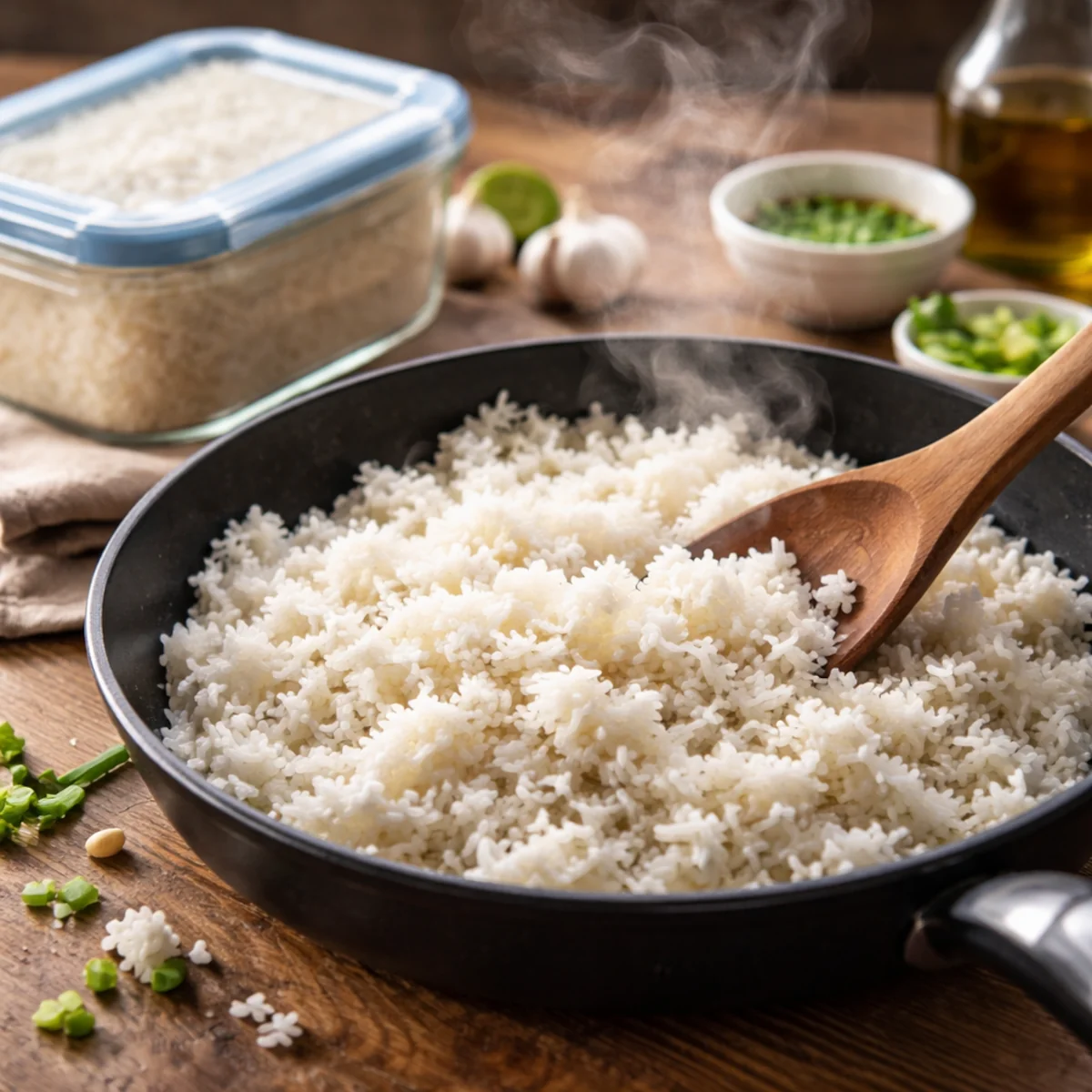 Odgrzewany ryż na patelni – porcja ryżu z parą podczas podgrzewania