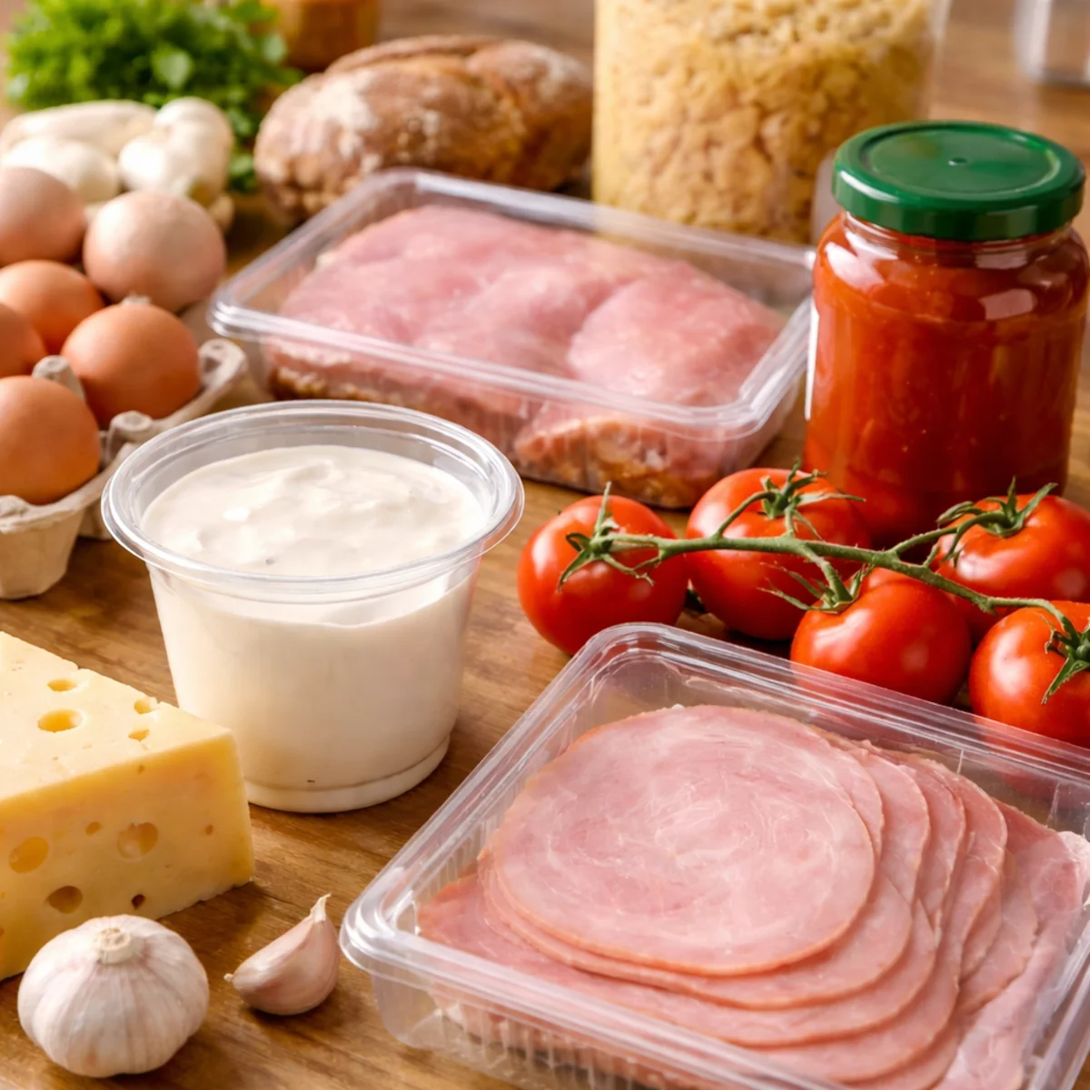 Świeże produkty spożywcze na blacie kuchennym – nabiał, wędlina, jajka i warzywa przed sprawdzeniem dat ważności