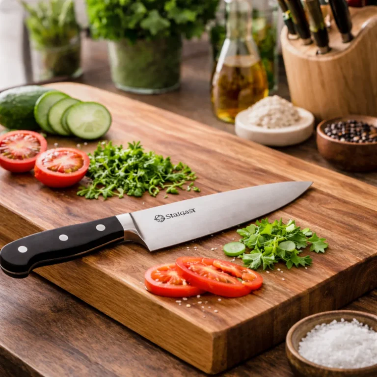 Drewniana deska do krojenia z nożem szefa kuchni oraz pokrojonym pomidorem, ogórkiem i świeżymi ziołami na blacie kuchennym