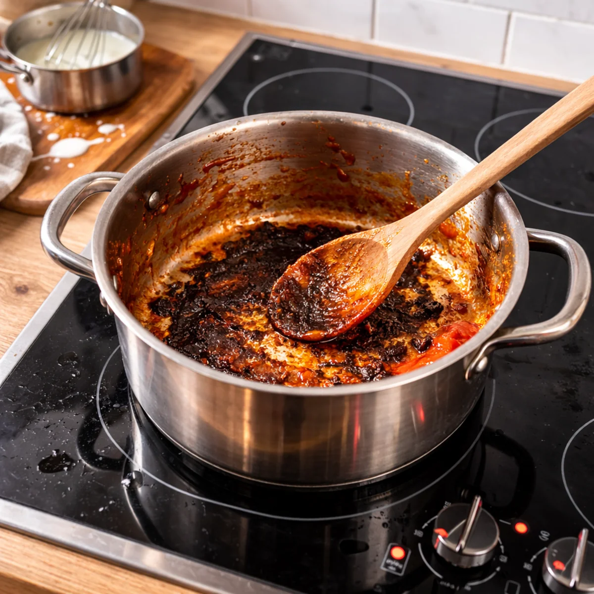 Przypalony sos w stalowym garnku na płycie indukcyjnej