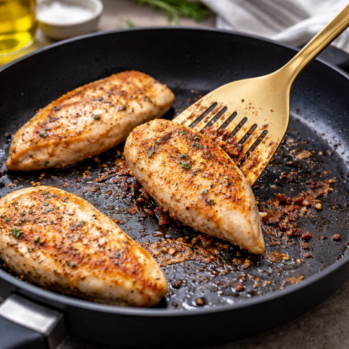 Kurczak przywiera do patelni – przypalone resztki na dnie i łopatka podważająca mięso