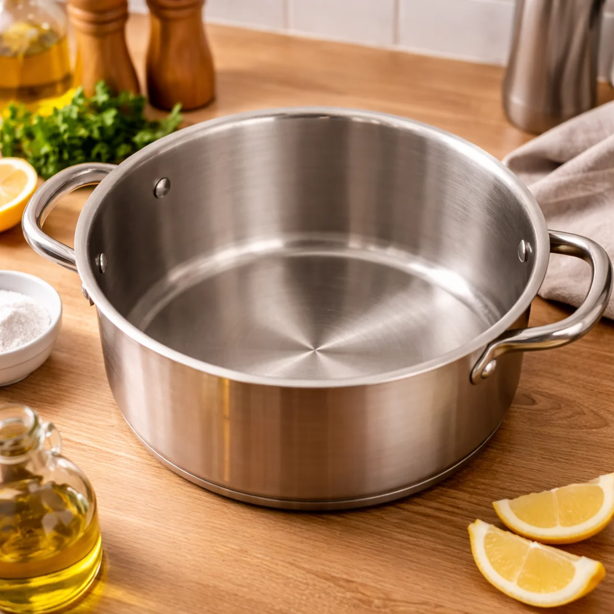 Umyty garnek ze stali nierdzewnej na blacie, gotowy do gotowania