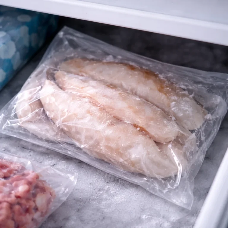 Mrożona ryba w zamrażarce w woreczku z kryształkami lodu – ile można mrozić ryby