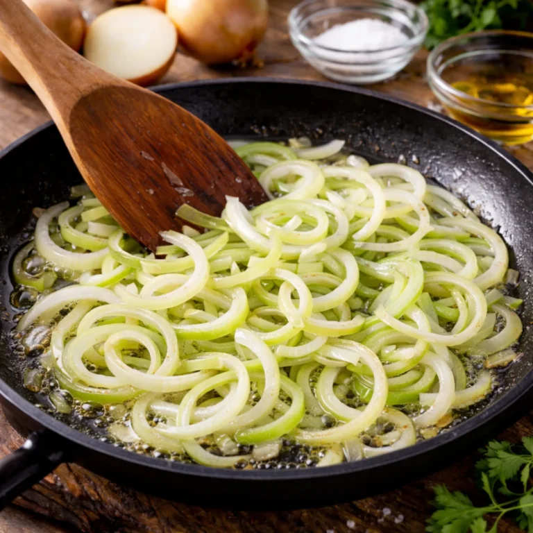 Cebula w piórkach na patelni na tłuszczu – początek smażenia, jak nie przypalić cebuli.