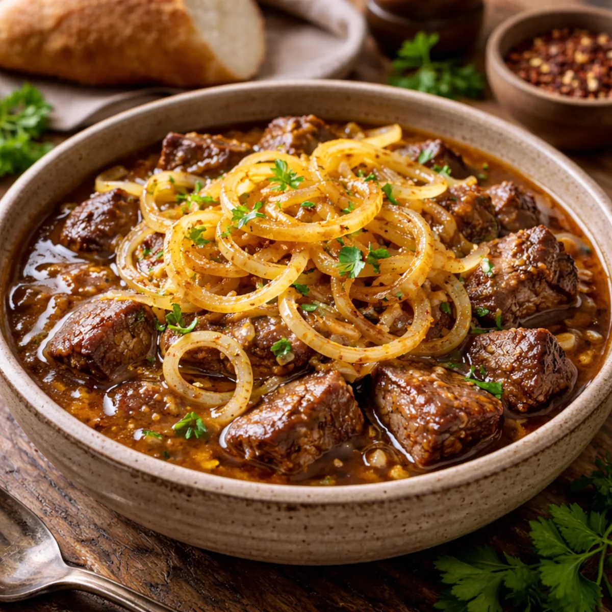 Gulasz wołowy z podsmażoną cebulą w piórkach na wierzchu – cebula złota, bez przypalenia.