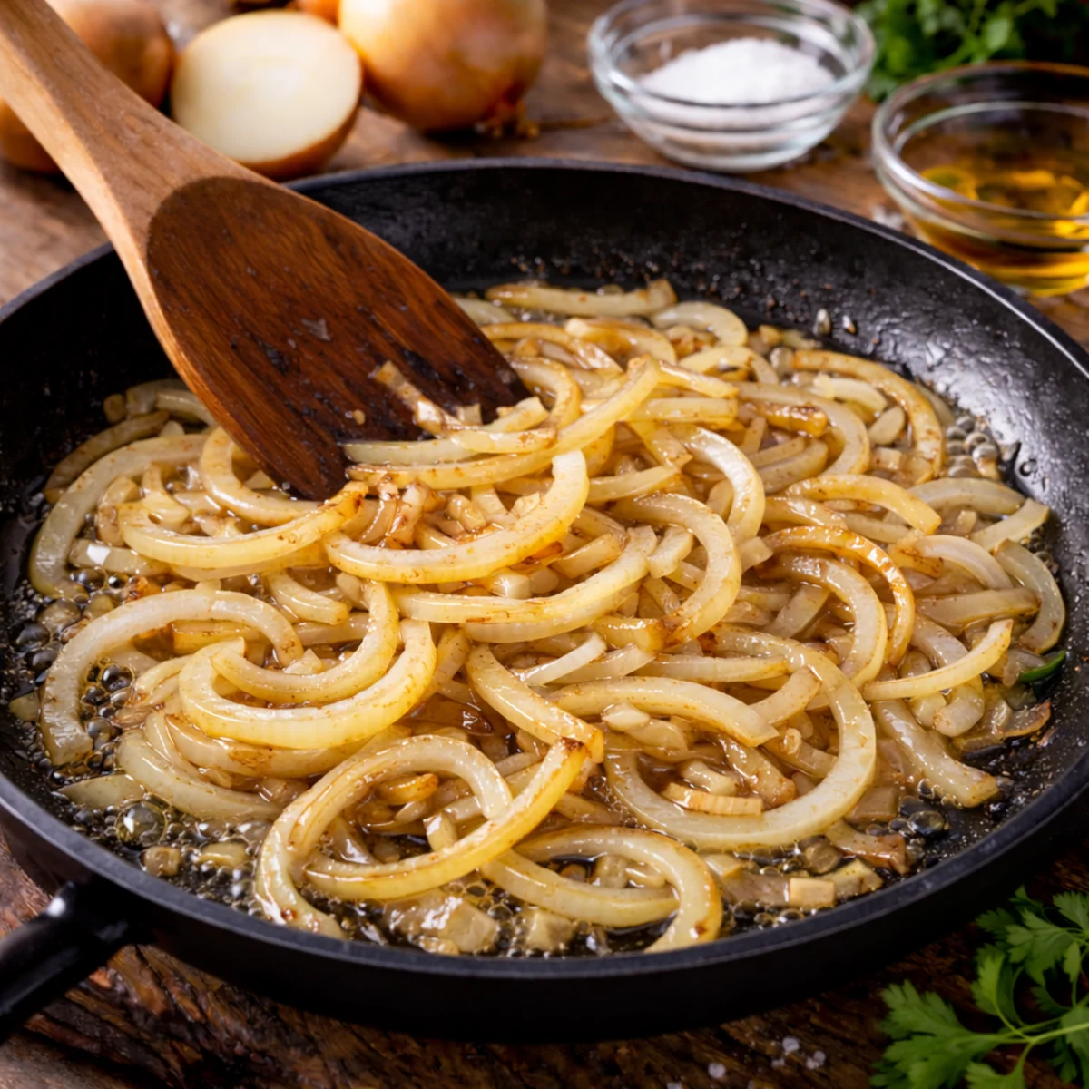 Lekko przypalona cebula w piórkach na patelni – brązowe plamki podczas smażenia, jak nie przypalić cebuli.