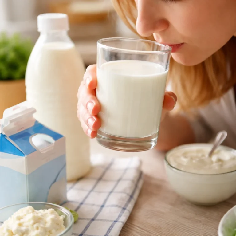 Kobieta wącha mleko w szklance, sprawdzając jak poznać czy mleko jest zepsute