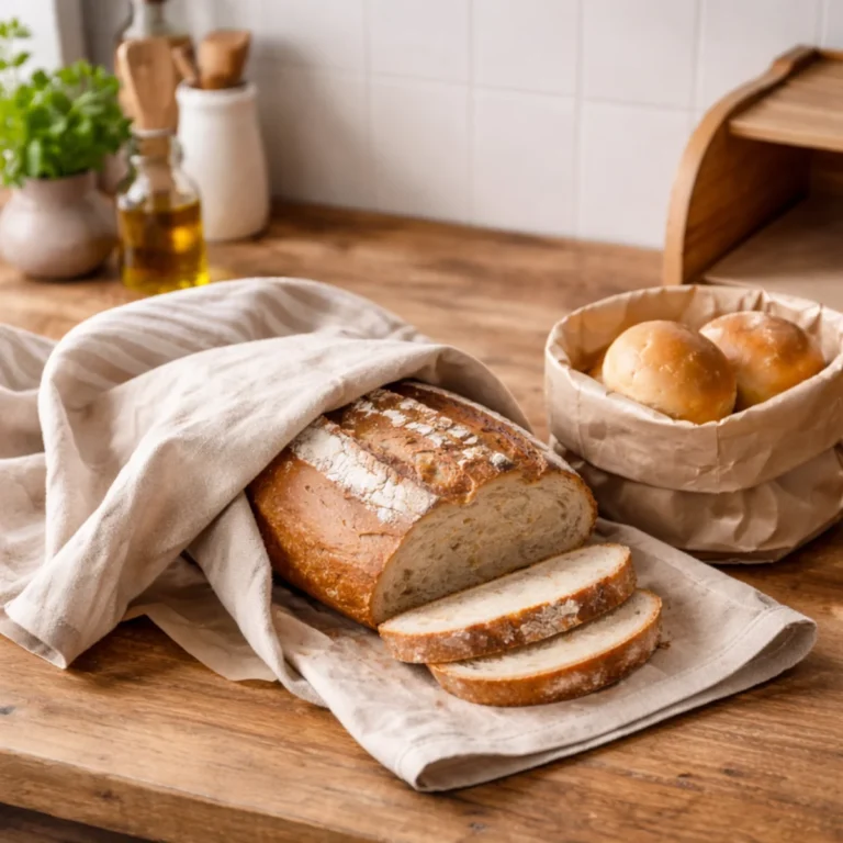 Bochenek chleba w lnianej ściereczce i dwie bułki w papierowej torbie na drewnianym blacie – przechowywanie pieczywa w domu.