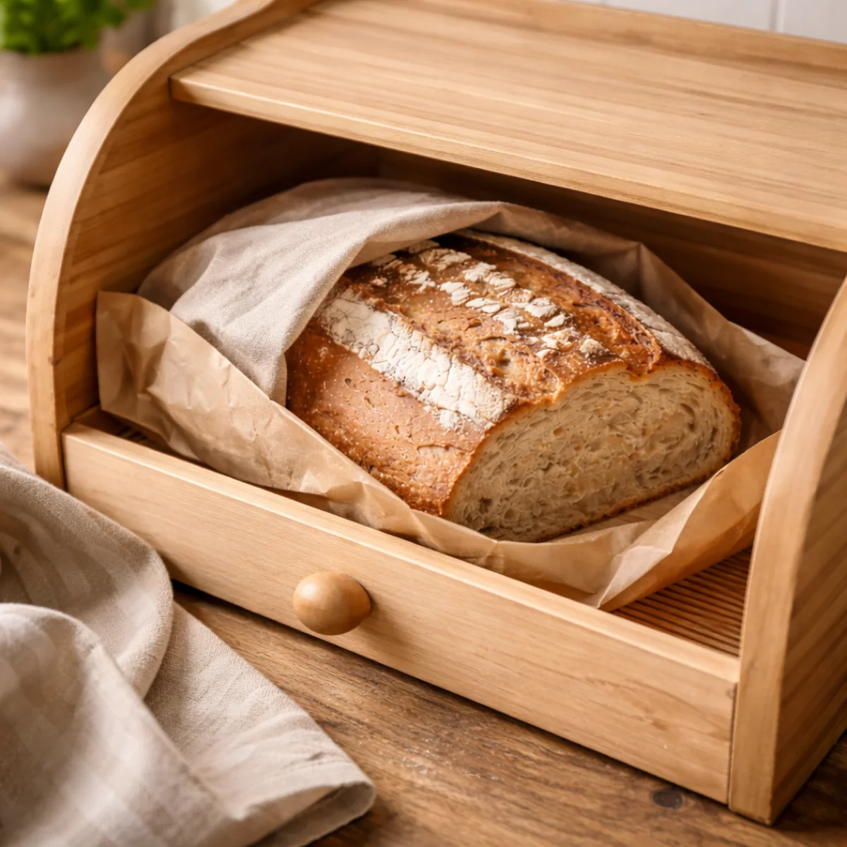 Drewniany chlebak z uchyloną pokrywą i bochenkiem chleba w papierze – jak przechowywać pieczywo.
