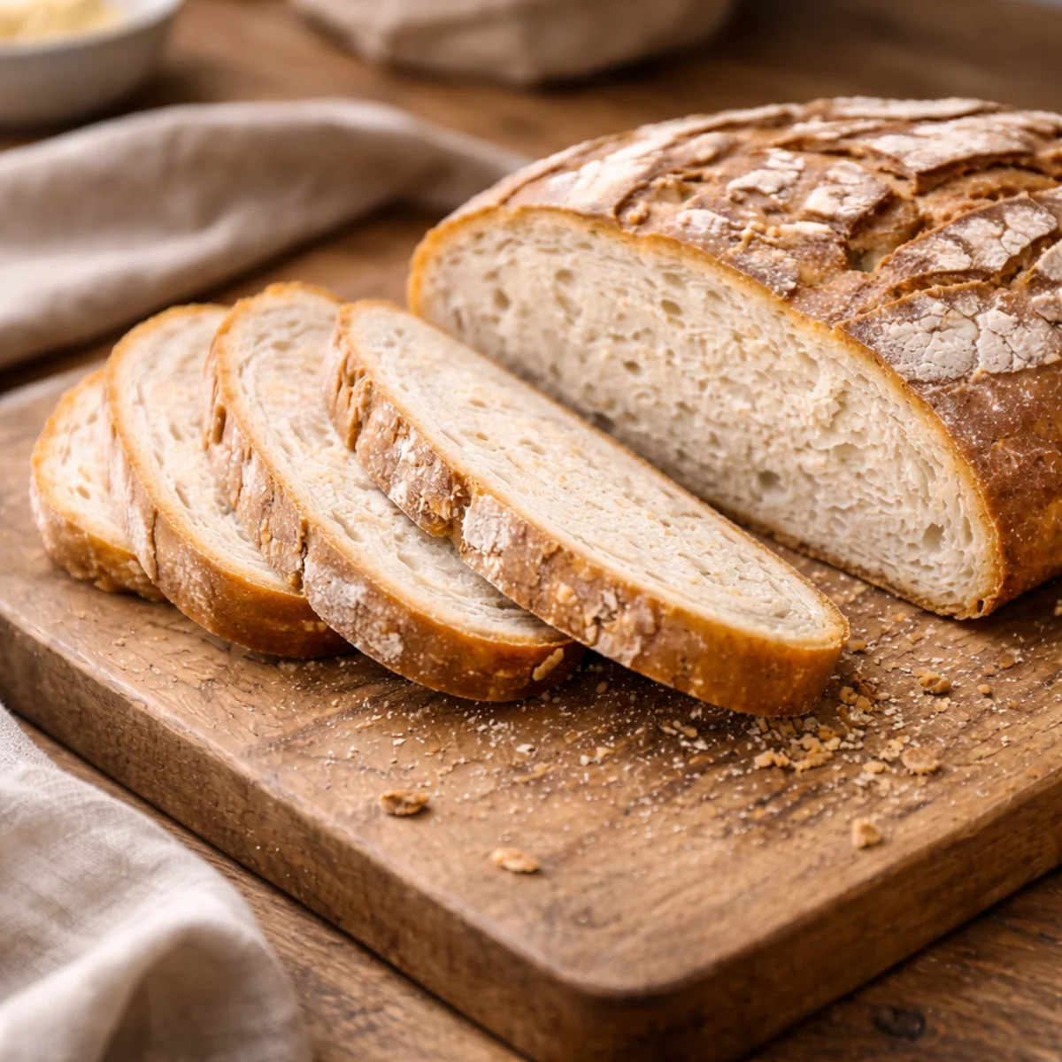 Świeżo pokrojony bochenek chleba na drewnianej desce, widoczne równe kromki i miękisz.