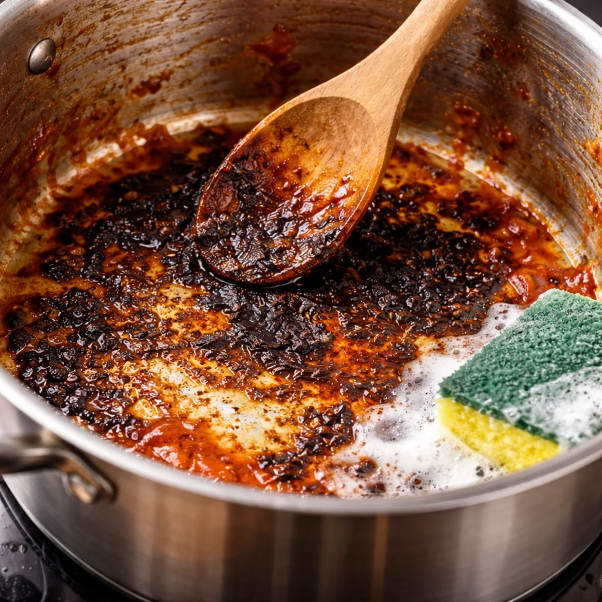 Zbliżenie na przypalone dno garnka i czyszczenie gąbką