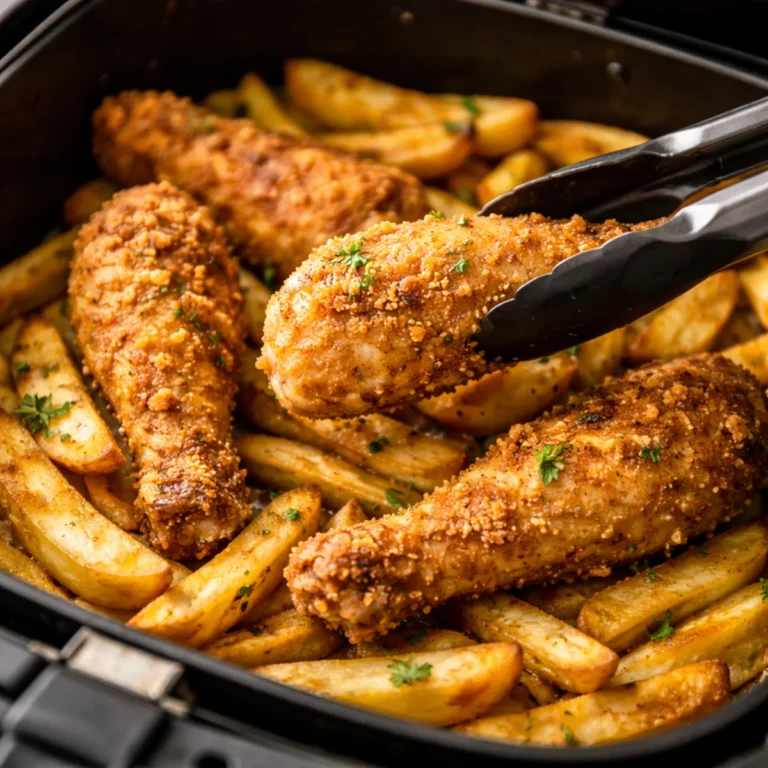 Panierowane pałki z kurczaka i frytki w koszu airfryera, zbliżenie na efekt pieczenia i chrupkość