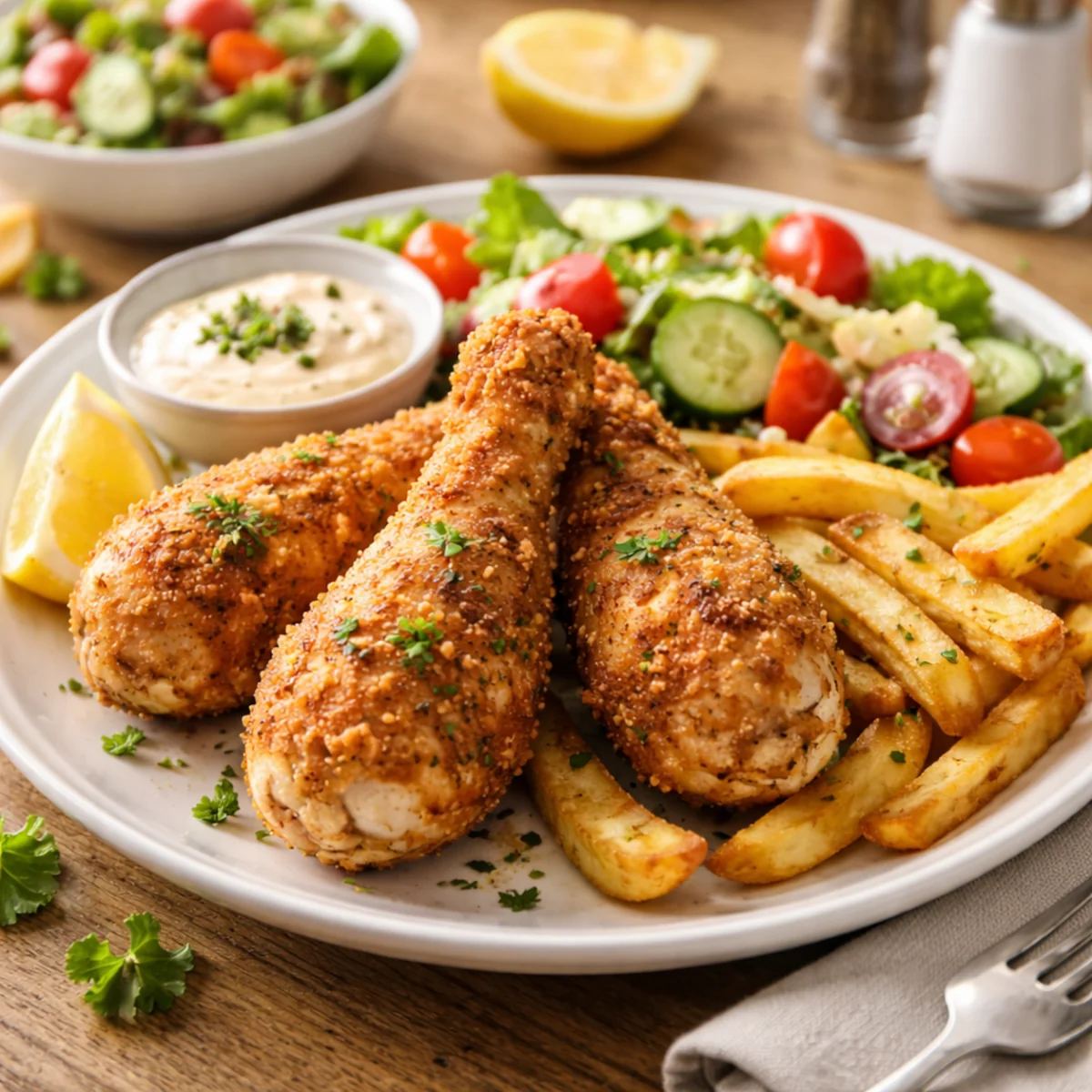 Kurczak z airfryera z frytkami, sałatką i sosem na talerzu, przykład podania i chrupkości po pieczeniu