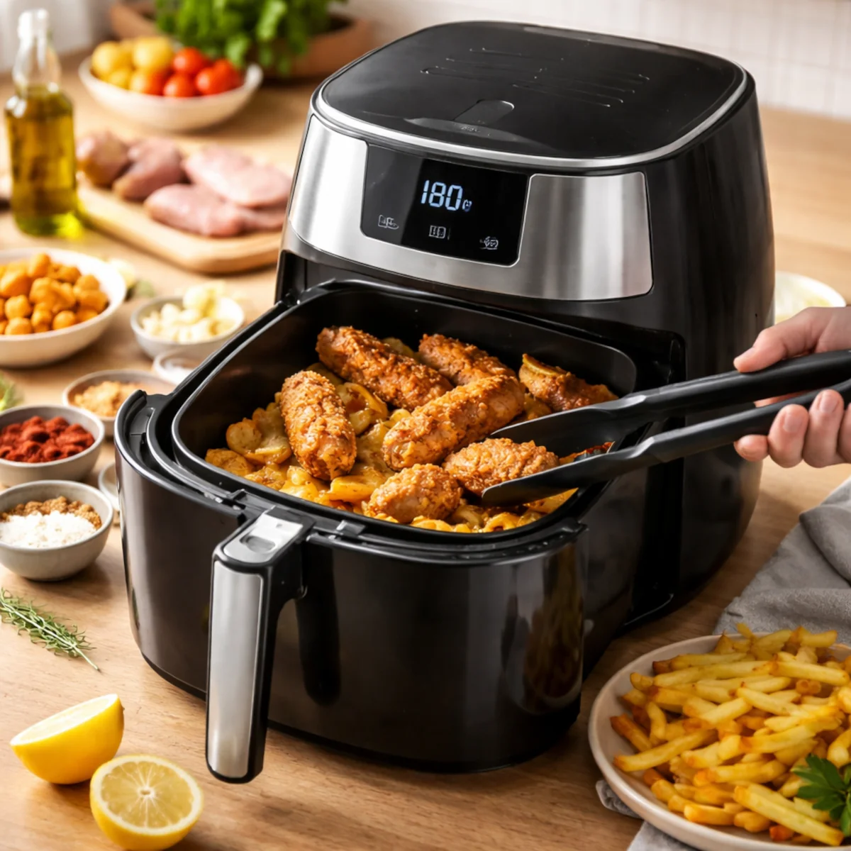 Airfryer z ustawieniem 180°C, w koszu panierowane pałki z kurczaka i frytki, pokaz użycia i ustawień