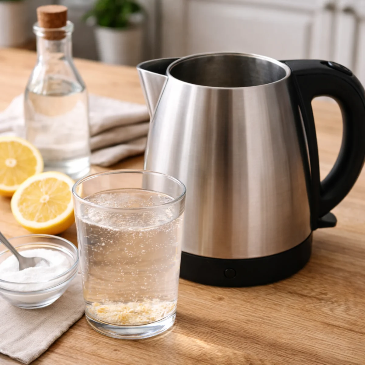 Zbliżenie na szklankę z wodą, drobne białe kawałki kamienia na dnie