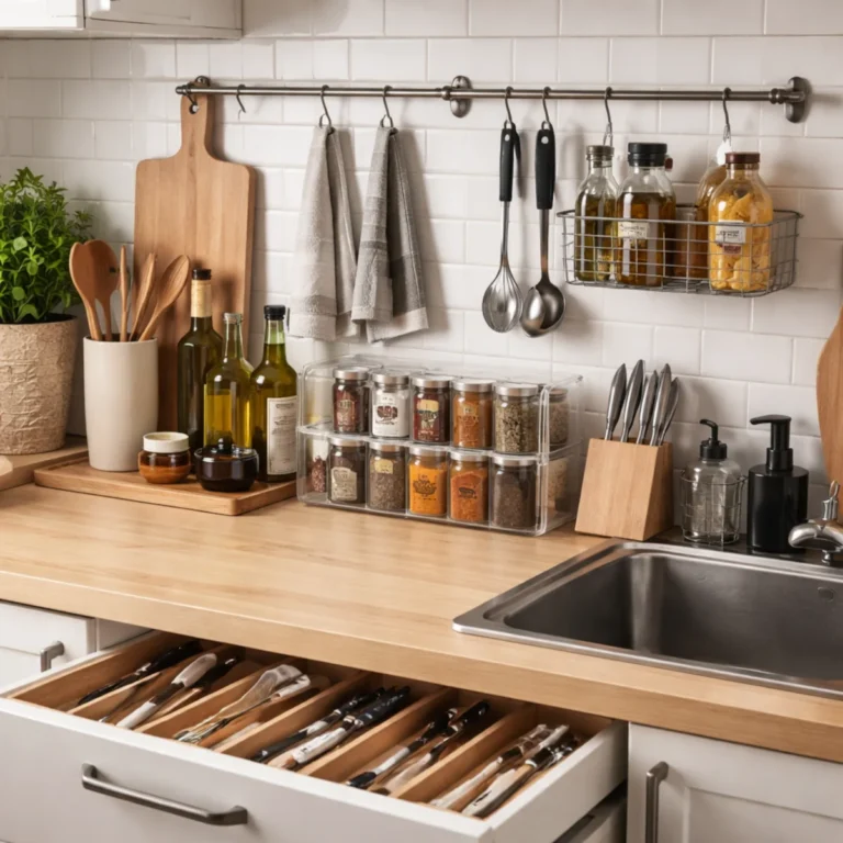 Kuchnia w małym mieszkaniu z jasnymi szafkami, drewnianym blatem i uporządkowanym przechowywaniem w szufladach oraz pod zlewem