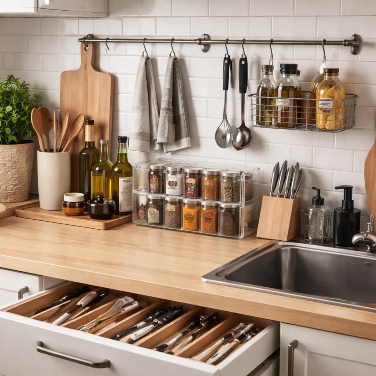 Kuchnia w małym mieszkaniu z jasnymi szafkami, drewnianym blatem i uporządkowanym przechowywaniem w szufladach oraz pod zlewem