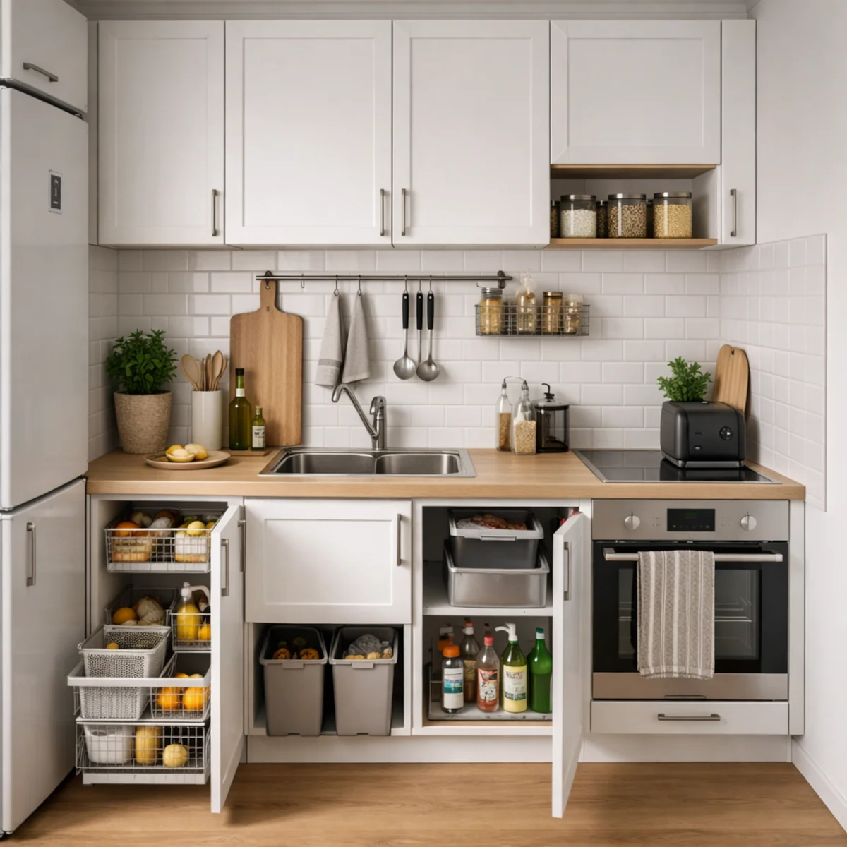 Kuchnia w małym mieszkaniu w bloku – białe szafki, drewniany blat, reling i uporządkowane przechowywanie w szafkach oraz szufladach