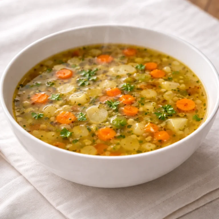 Co zamiast bulionu do zupy — aromatyczna zupa w białej misce na białym obrusie
