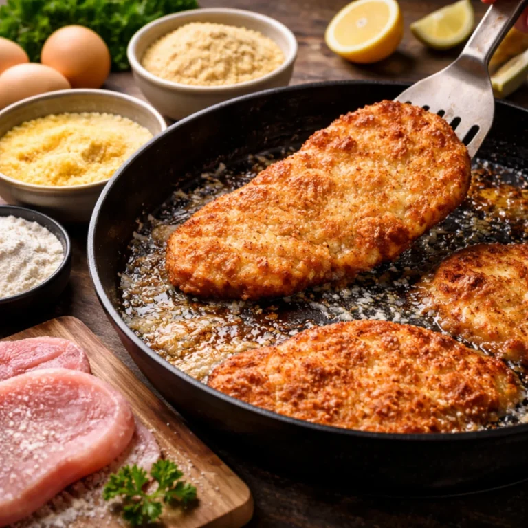 Smażone kotlety w panierce na patelni, obok mąka, jajko i bułka tarta do panierowania.