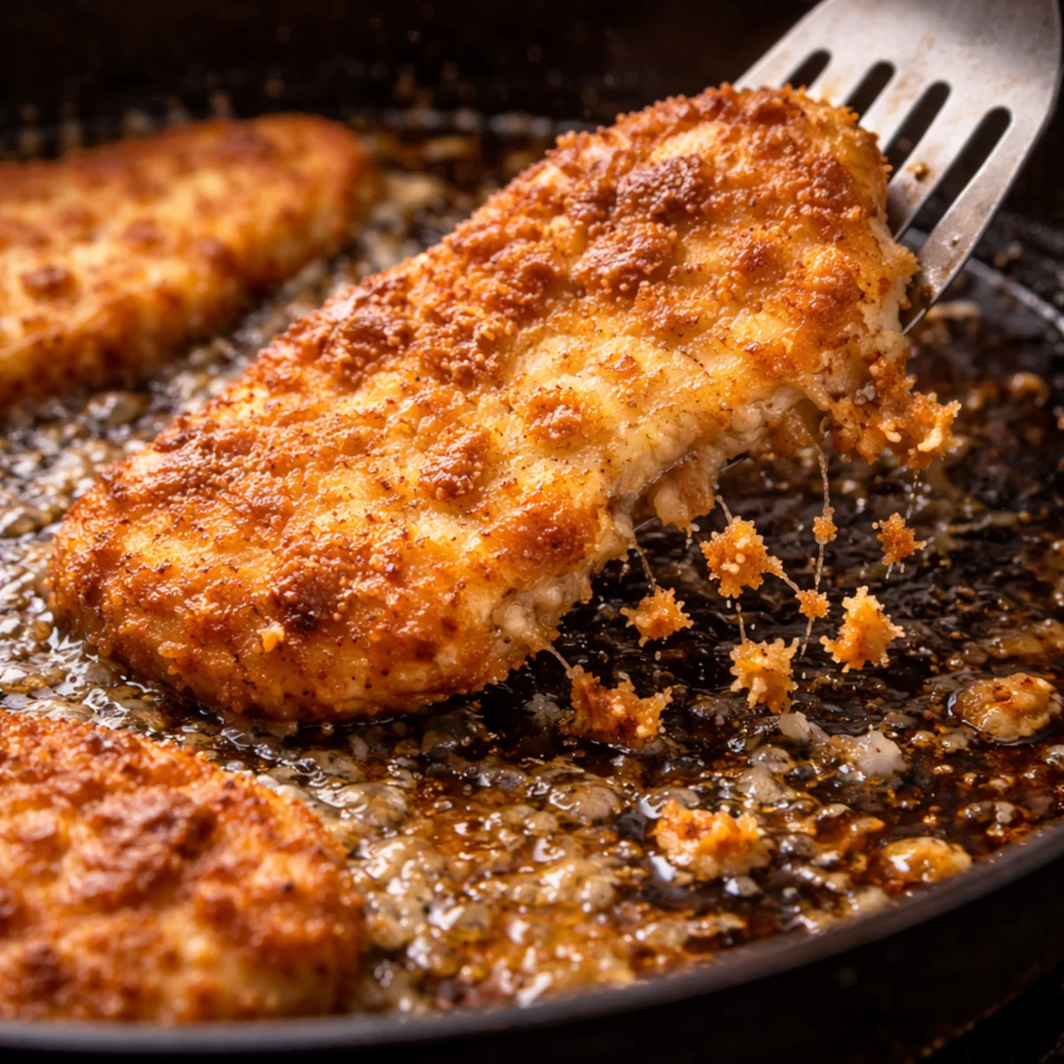 Zbliżenie na smażone mięso, z którego odpada panierka i wpada do oleju na patelni.