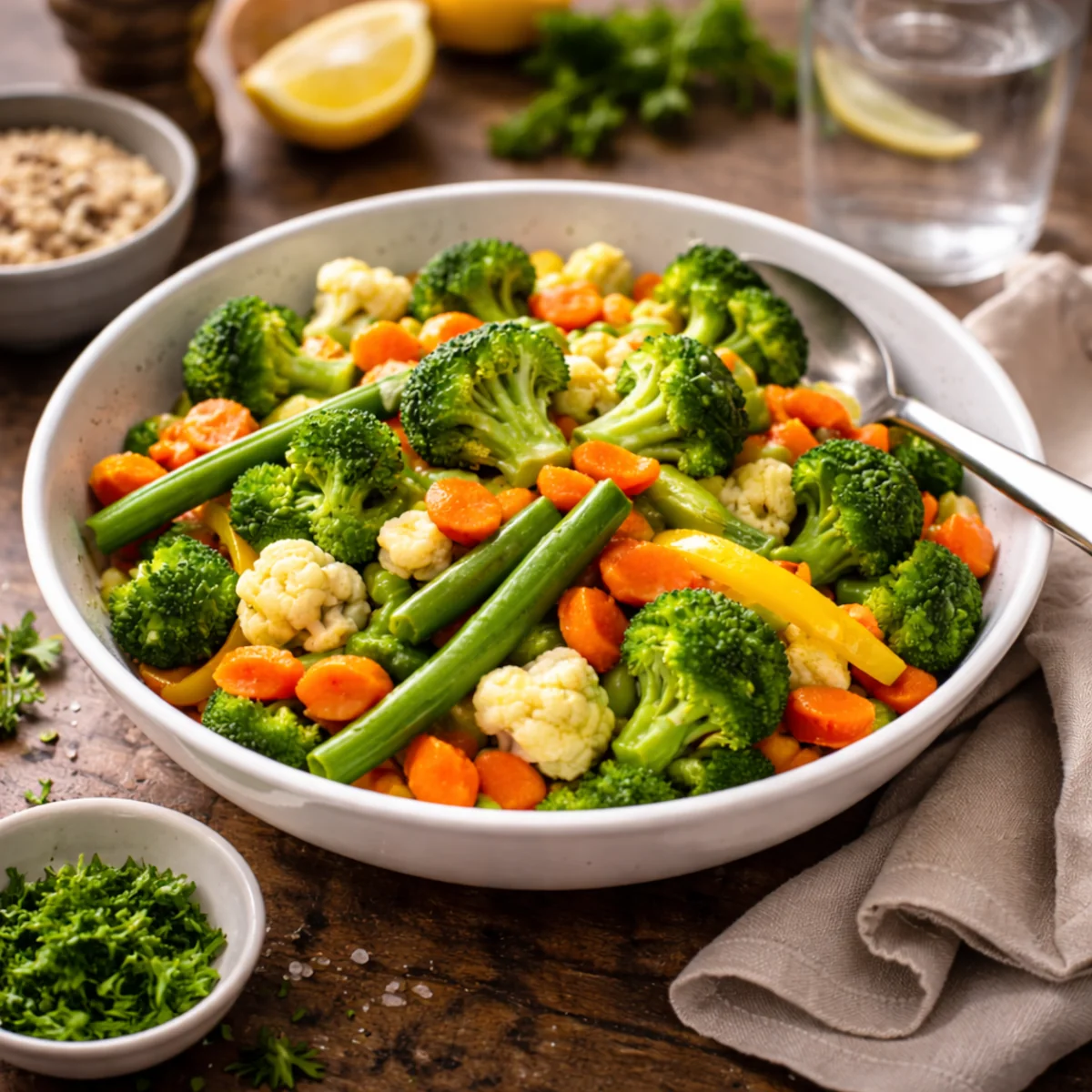 Gotowe danie z warzywami w misce na stole — brokuł, marchew, fasolka szparagowa, papryka i kalafior, warzywa wyglądają na jędrne