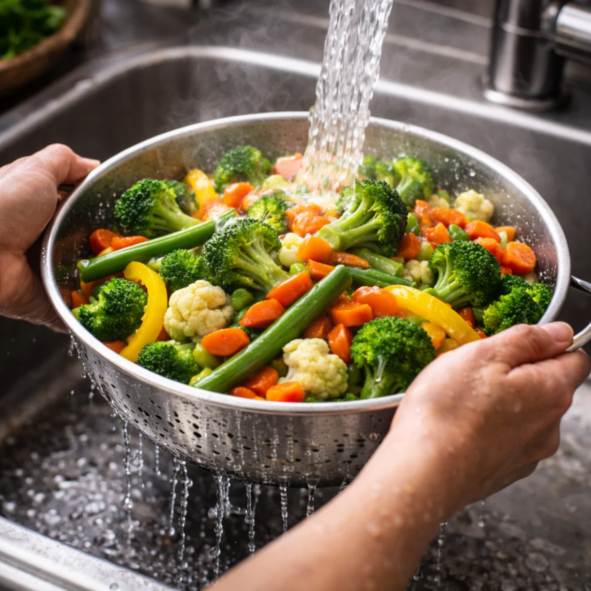 Płukanie ugotowanych warzyw w metalowym sitku pod zimną wodą nad zlewem — brokuł, marchew, fasolka, papryka i kalafior