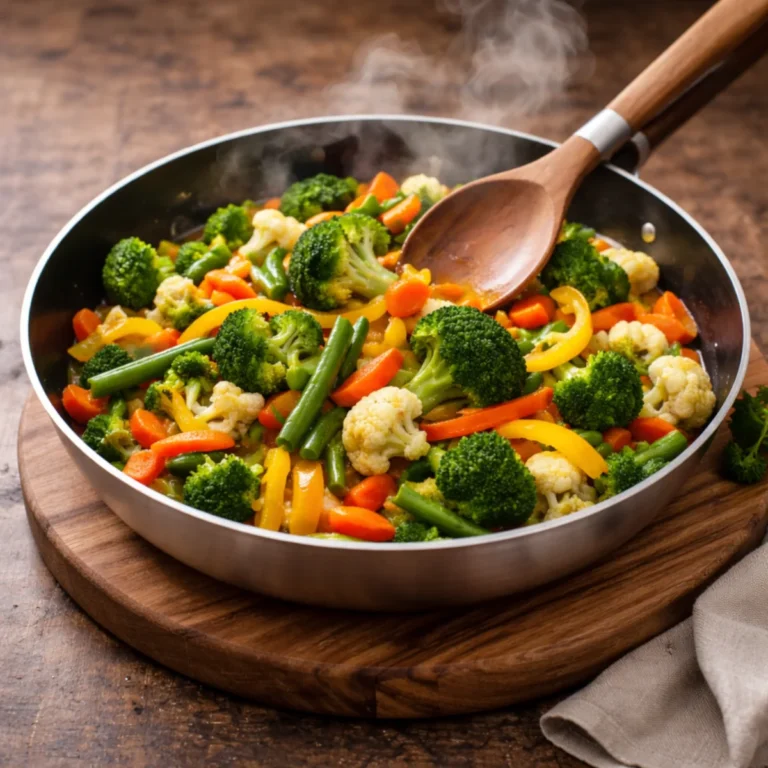 Patelnia z podsmażaną mieszanką warzyw (brokuł, fasolka, marchew, papryka, kalafior) na drewnianej desce, widoczna para i drewniana łyżka