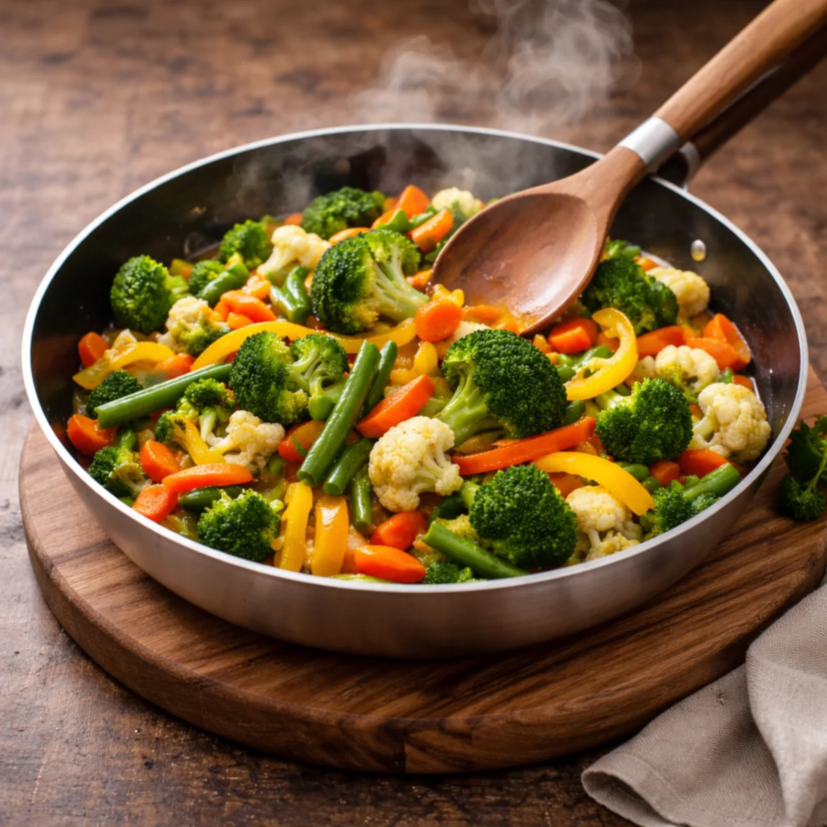 Patelnia z podsmażaną mieszanką warzyw (brokuł, fasolka, marchew, papryka, kalafior) na drewnianej desce, widoczna para i drewniana łyżka