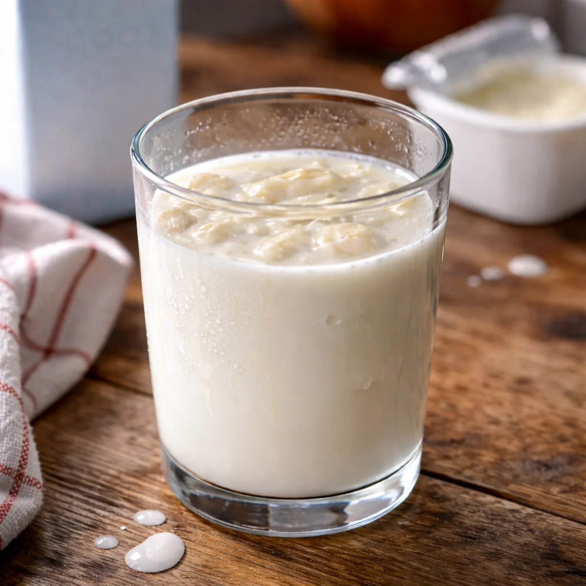 Mleko w szklance z cienkim kożuchem — oznaka, że mleko może być nieświeże