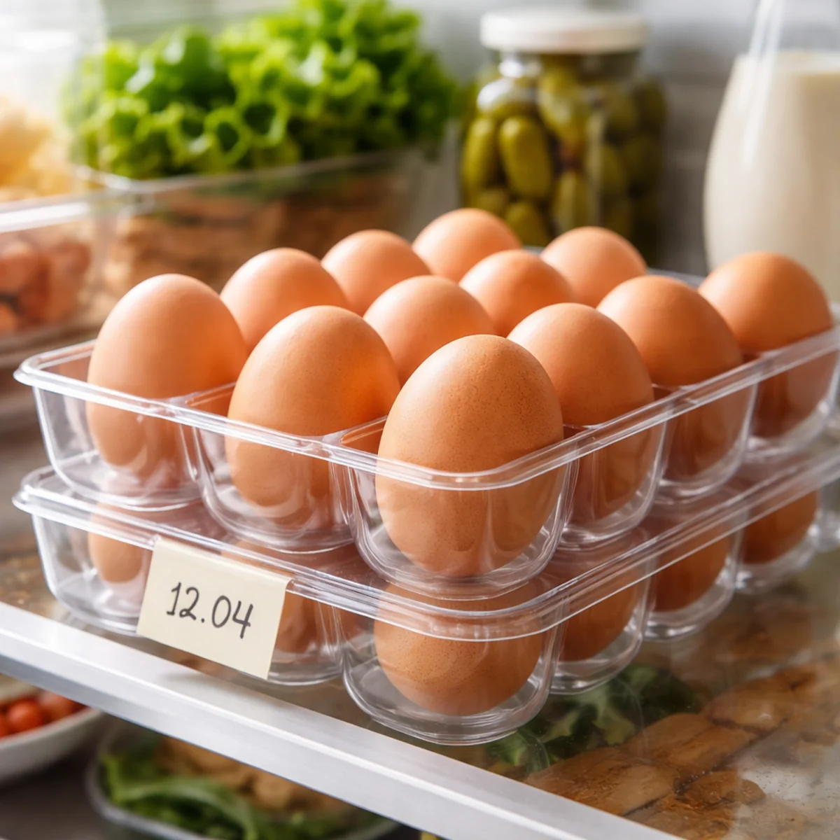 Jak przechowywać jajka w lodówce — jajka w plastikowych pojemnikach na półce