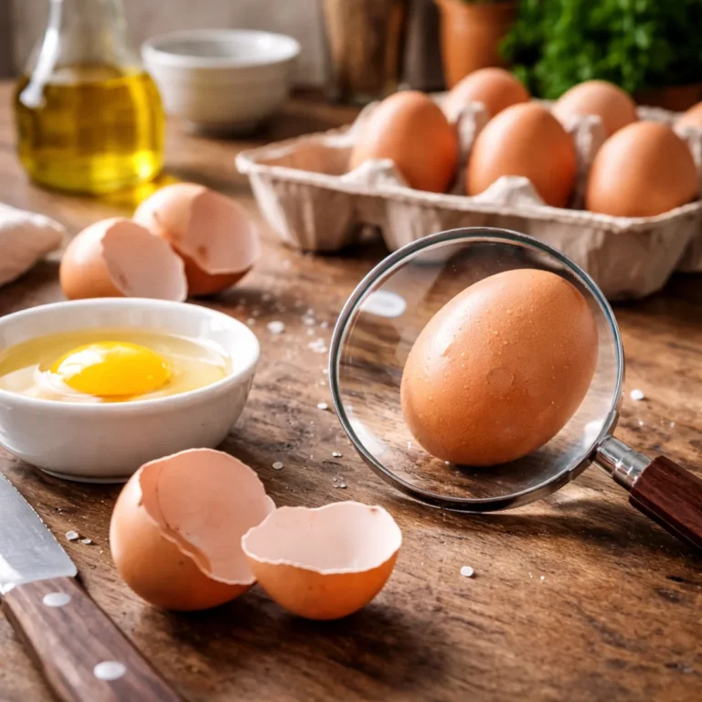 Jak sprawdzić świeżość jajka — jajko pod lupą i rozbite skorupki na blacie