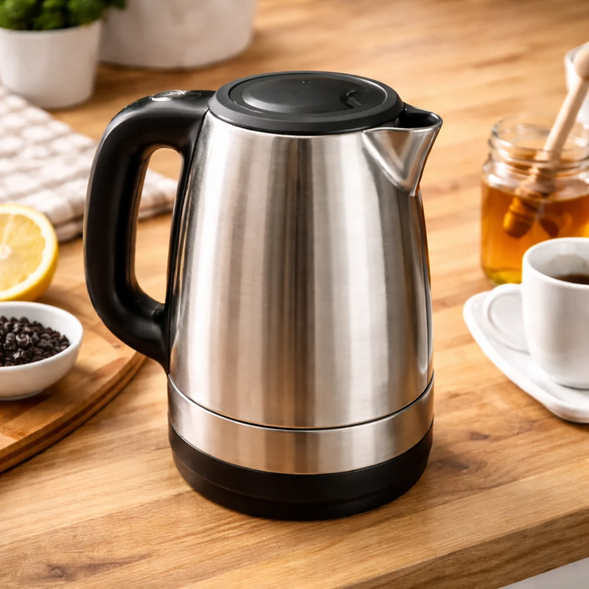 Zamknięty czajnik elektryczny ze stali nierdzewnej stojący na drewnianym blacie w kuchni.