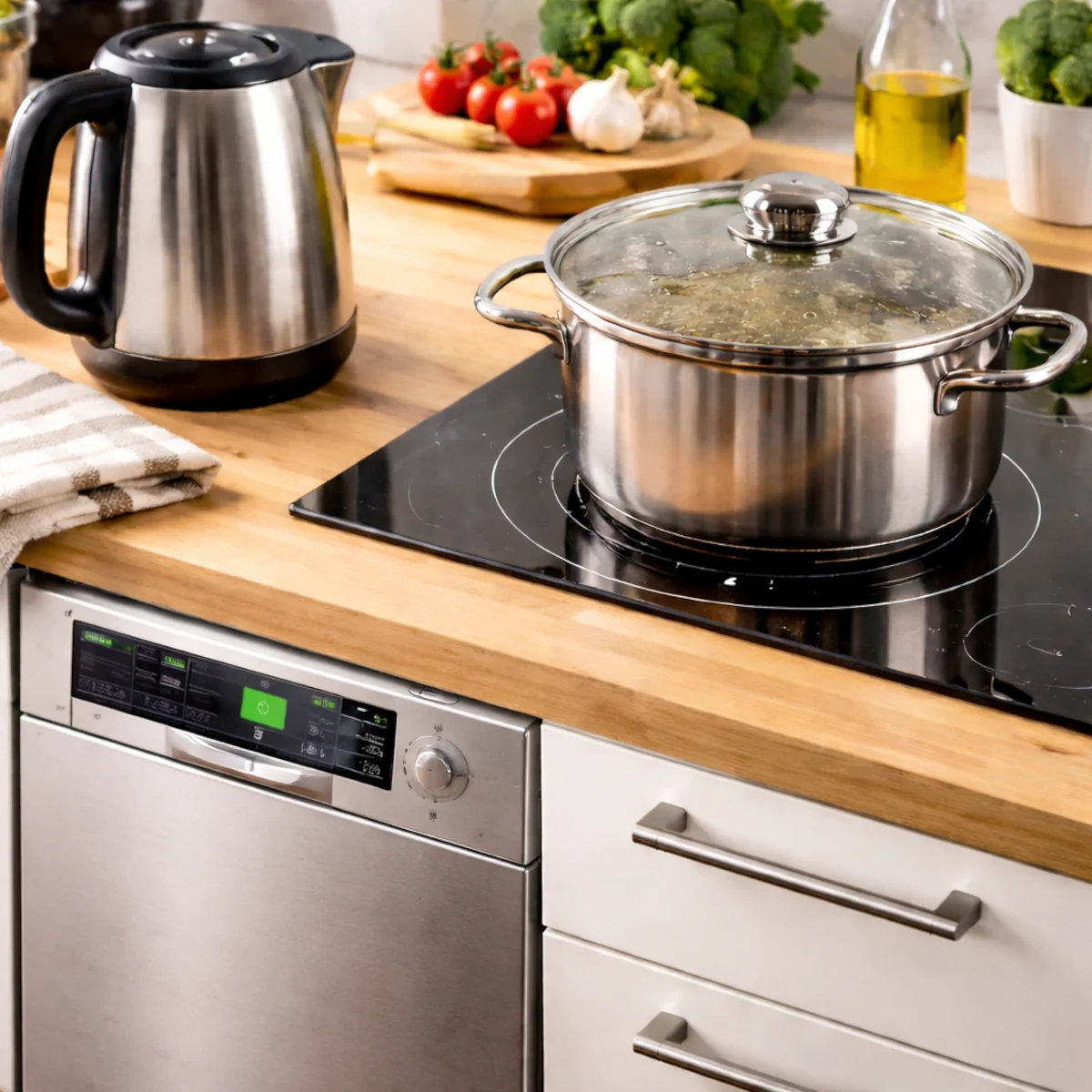 Oszczędne gotowanie w kuchni: garnek na indukcji, czajnik elektryczny i zamknięta zmywarka na tle blatu.