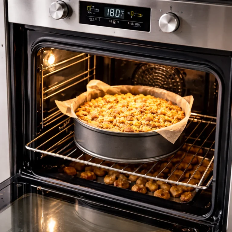 Piekarnik podczas pieczenia ciasta w formie na ruszcie, podświetlone wnętrze i ustawiona temperatura.