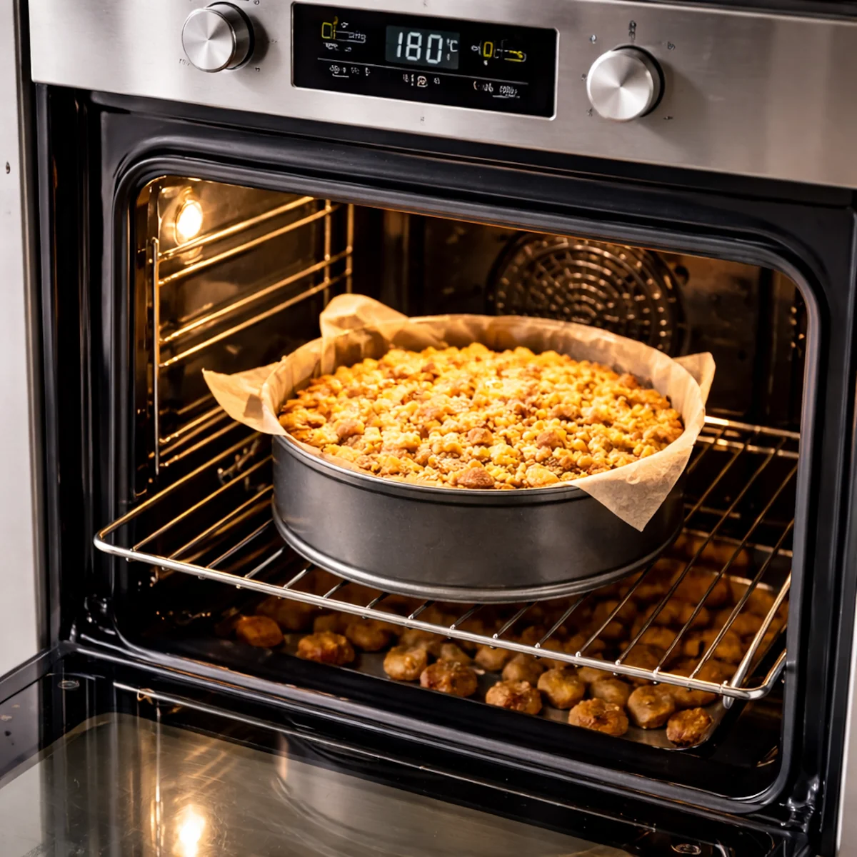 Piekarnik podczas pieczenia ciasta w formie na ruszcie, podświetlone wnętrze i ustawiona temperatura.