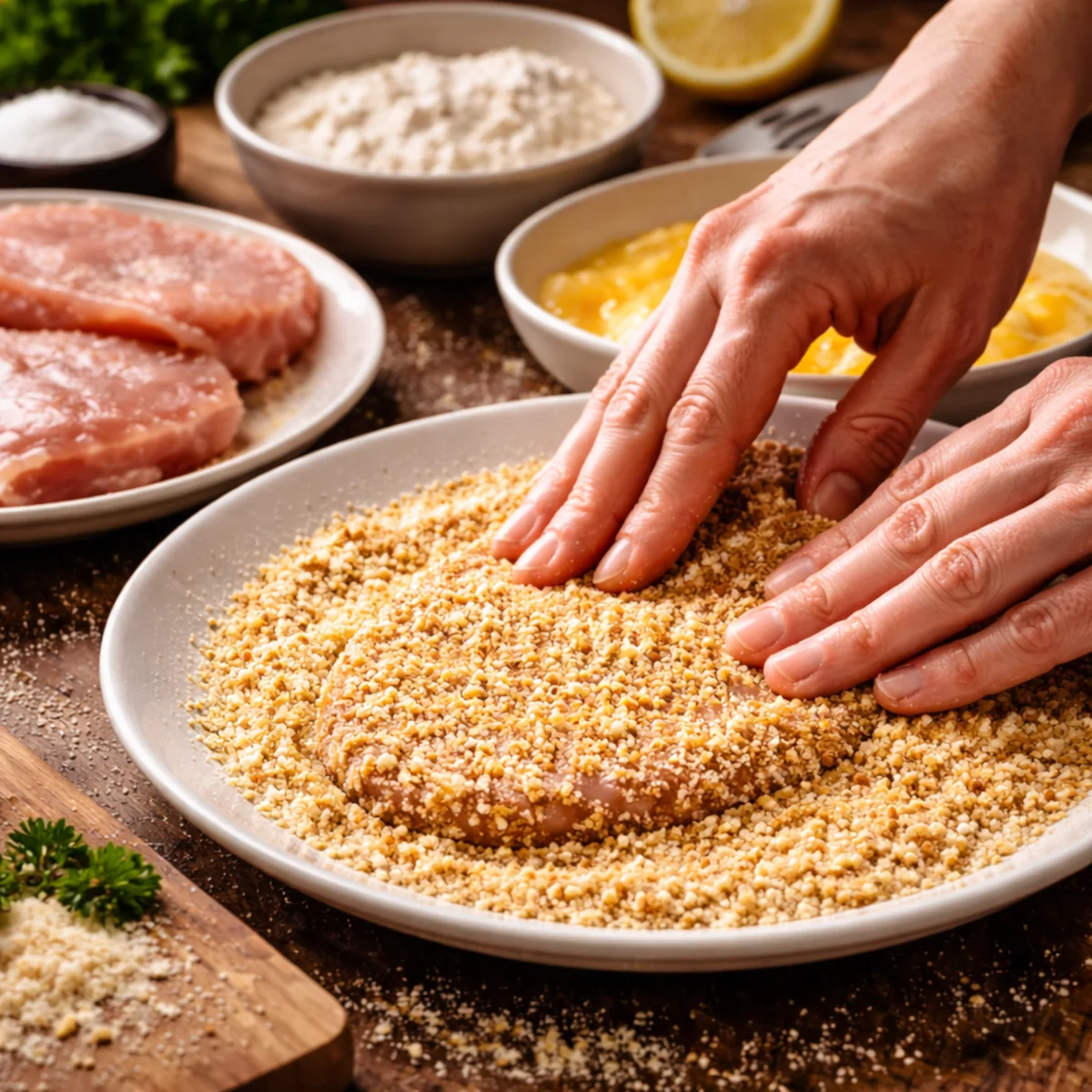 Dłonie dociskają mięso w bułce tartej – etap panierowania kotletów krok po kroku.