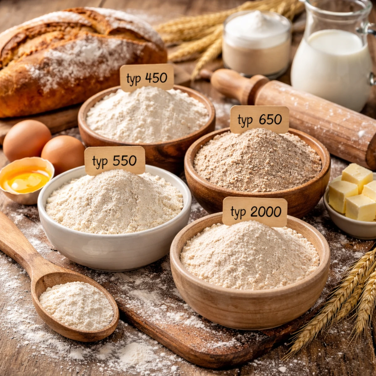 Różne rodzaje mąki w miskach na drewnianym stole, przygotowanie do pieczenia bez zakalca.