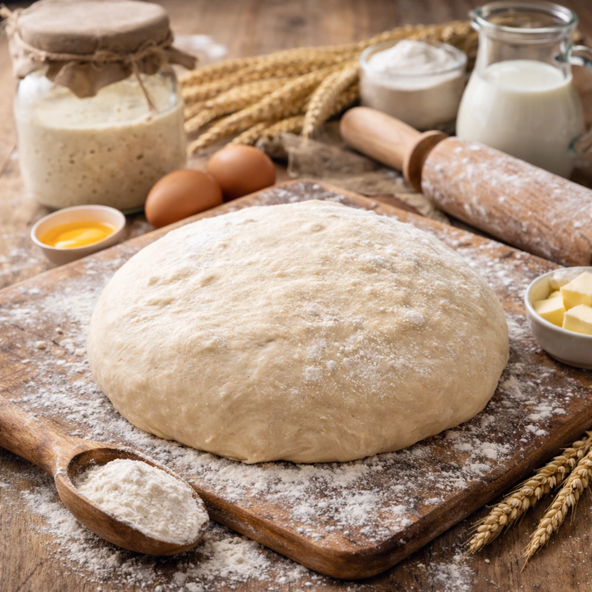 Miski z mąką różnych typów na kuchennym stole obok bochenka, jajek i mleka.