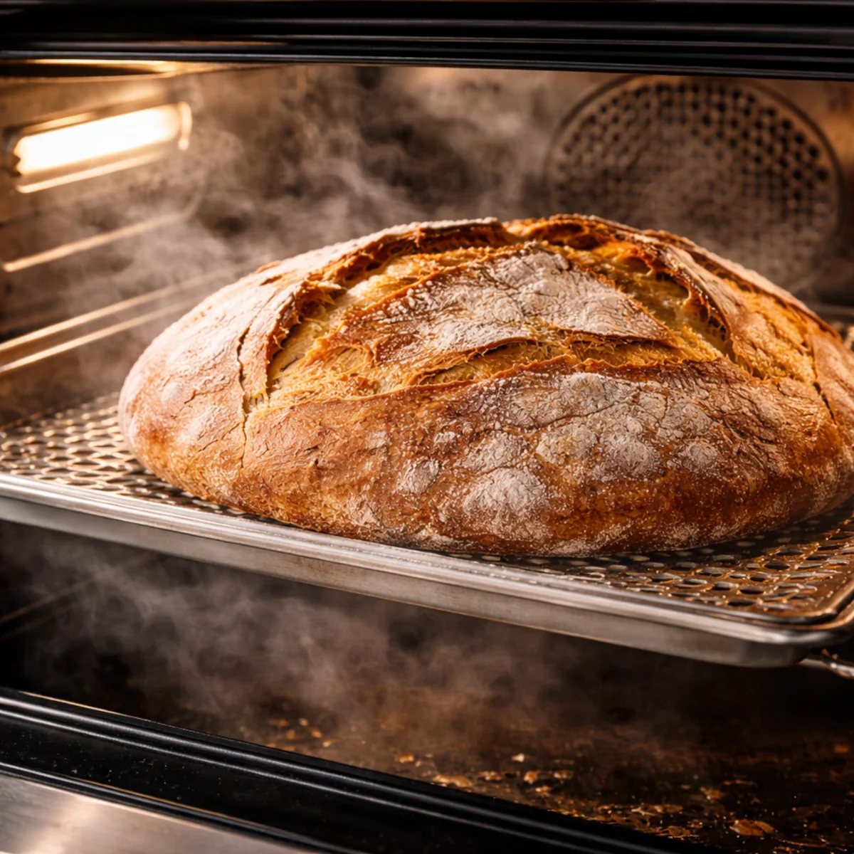 Chleb pieczony w piekarniku parowym na perforowanej blasze, widoczna para i złota skórka bochenka.