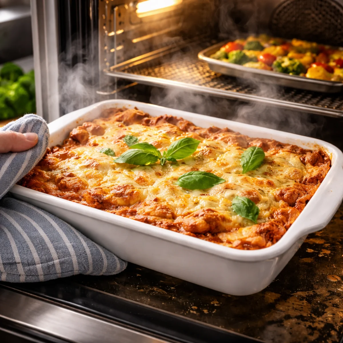 Zapiekanka wyjmowana z piekarnika parowego, w tle para i blacha z warzywami w komorze piekarnika.