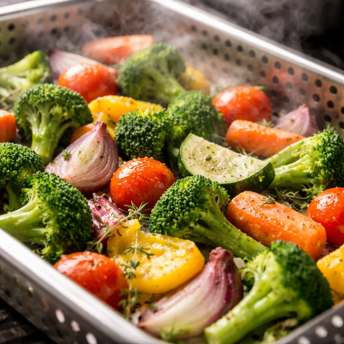 Warzywa pieczone na parze w piekarniku parowym: brokuły, marchew, papryka i pomidorki na blasze.