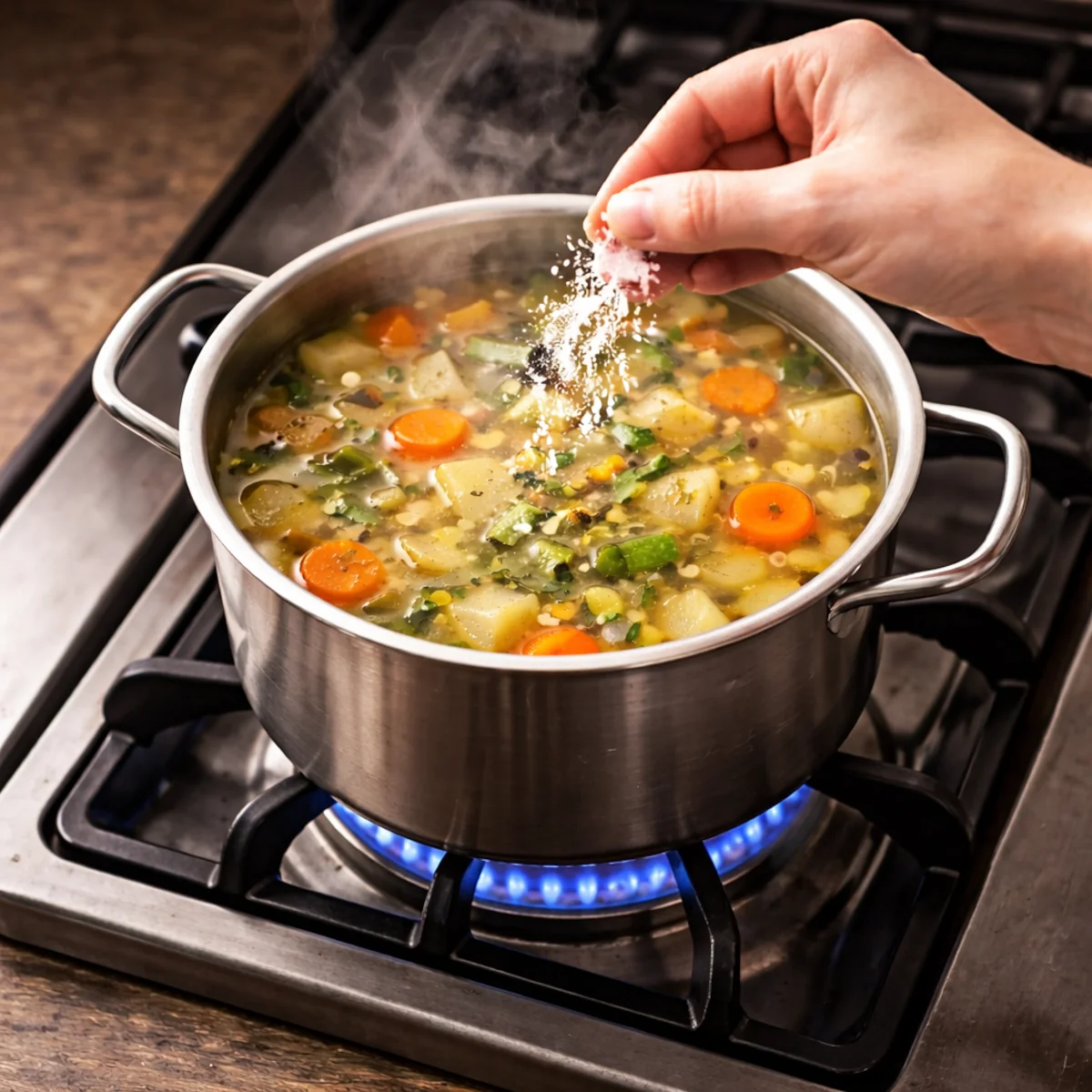 Kiedy dodawać sól do zupy: dosalanie podczas gotowania, garnek na palniku gazowym, para i sól w dłoni.