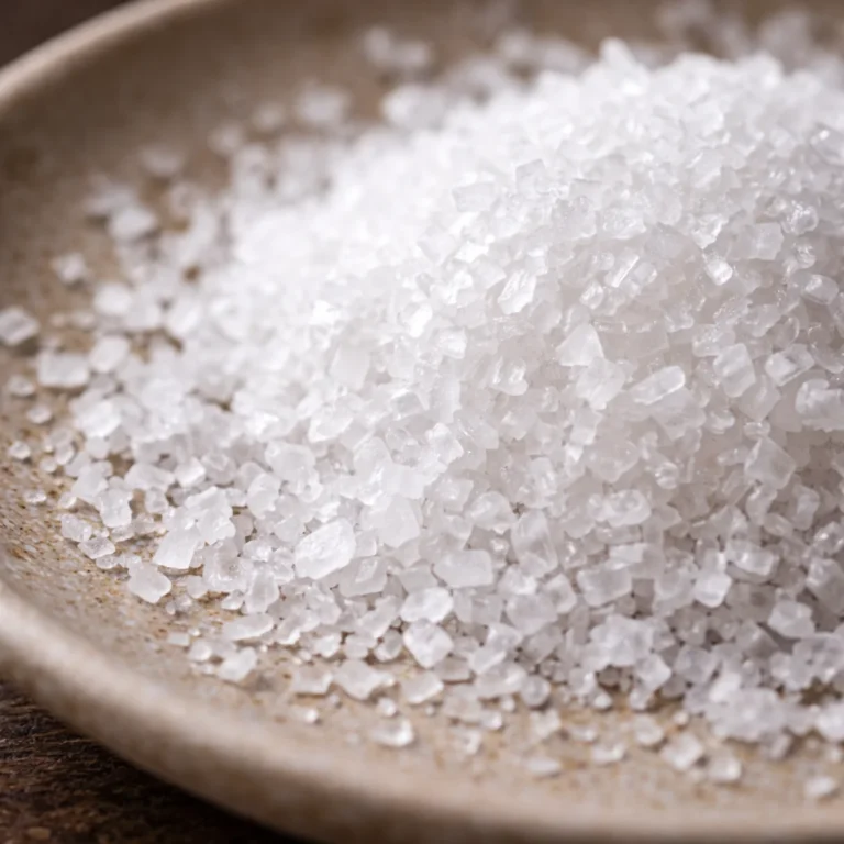 Kryształki soli na talerzyku – zbliżenie makro, sól do doprawiania na końcu.