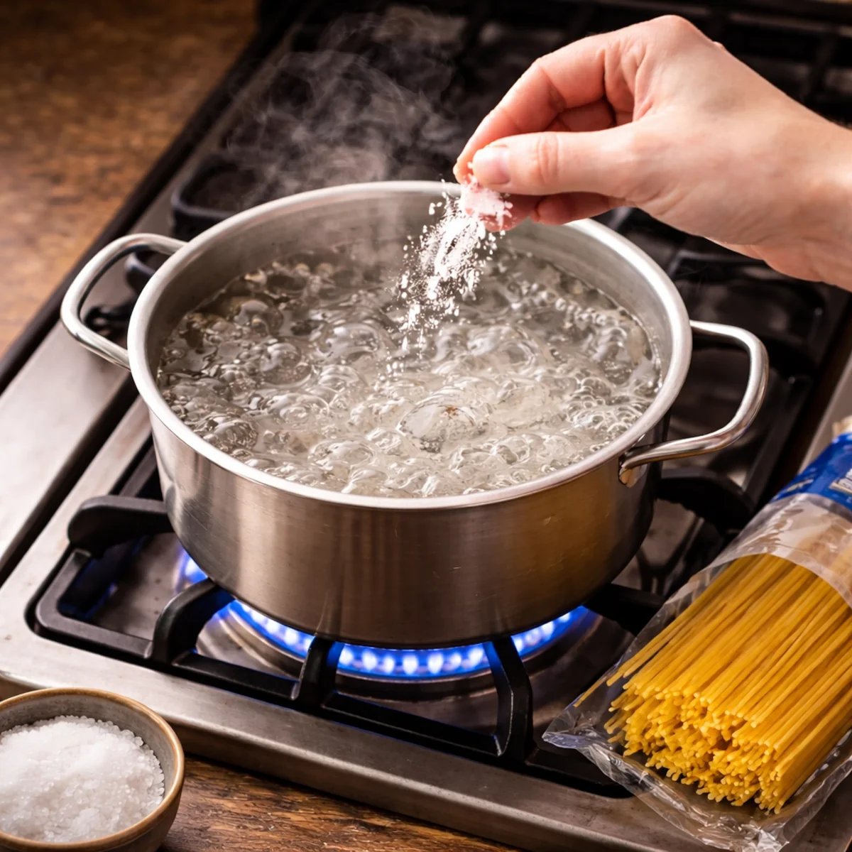 Kiedy solić makaron: solenie wrzącej wody w garnku na gazie, obok otwarta paczka spaghetti.