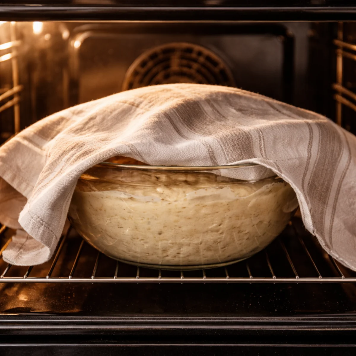 Miska z wyrastającym ciastem przykryta ściereczką, wstawiona do wyłączonego piekarnika
