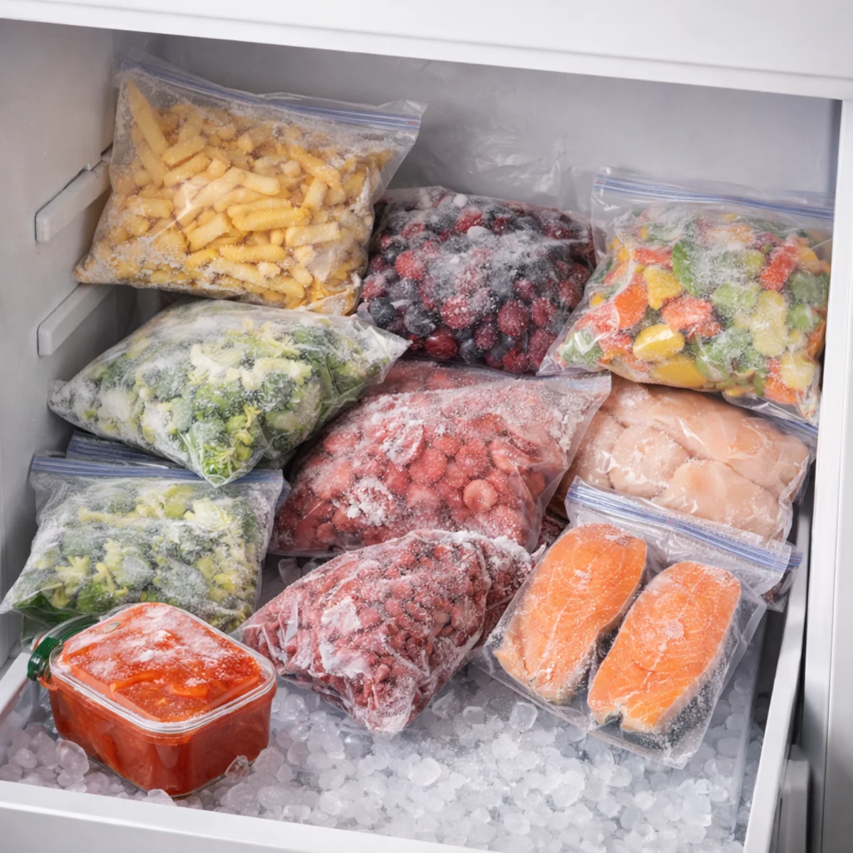 Otwarty zamrażalnik z oszronionymi woreczkami z mięsem, warzywami, owocami i frytkami oraz pojemnikiem z sosem