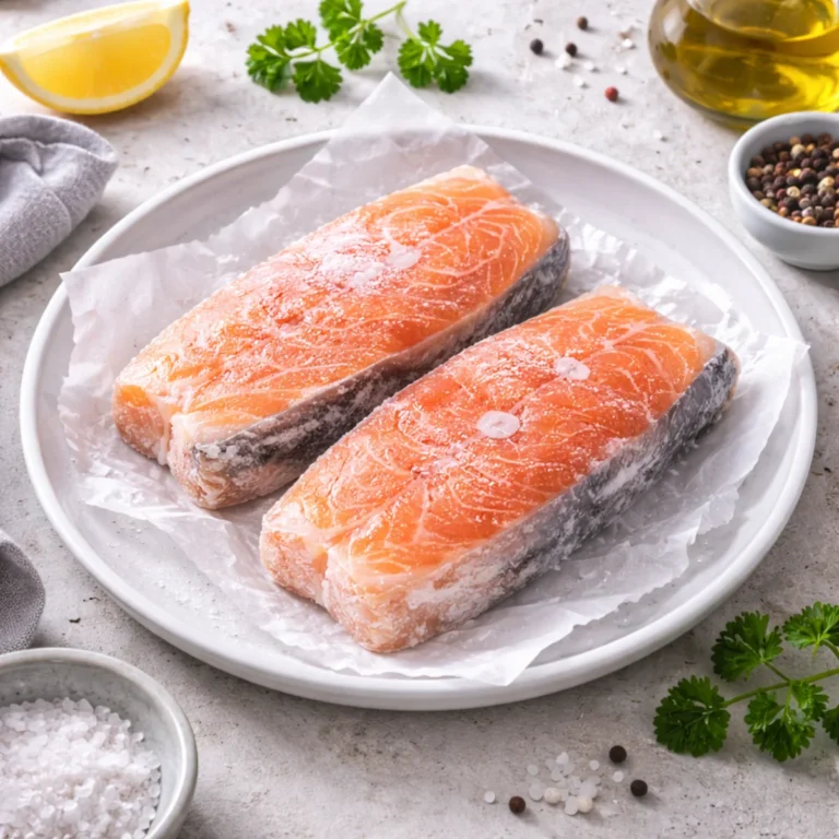 Mrożony filet z łososia rozmrażany na talerzu na kuchennym blacie, z widocznym szronem